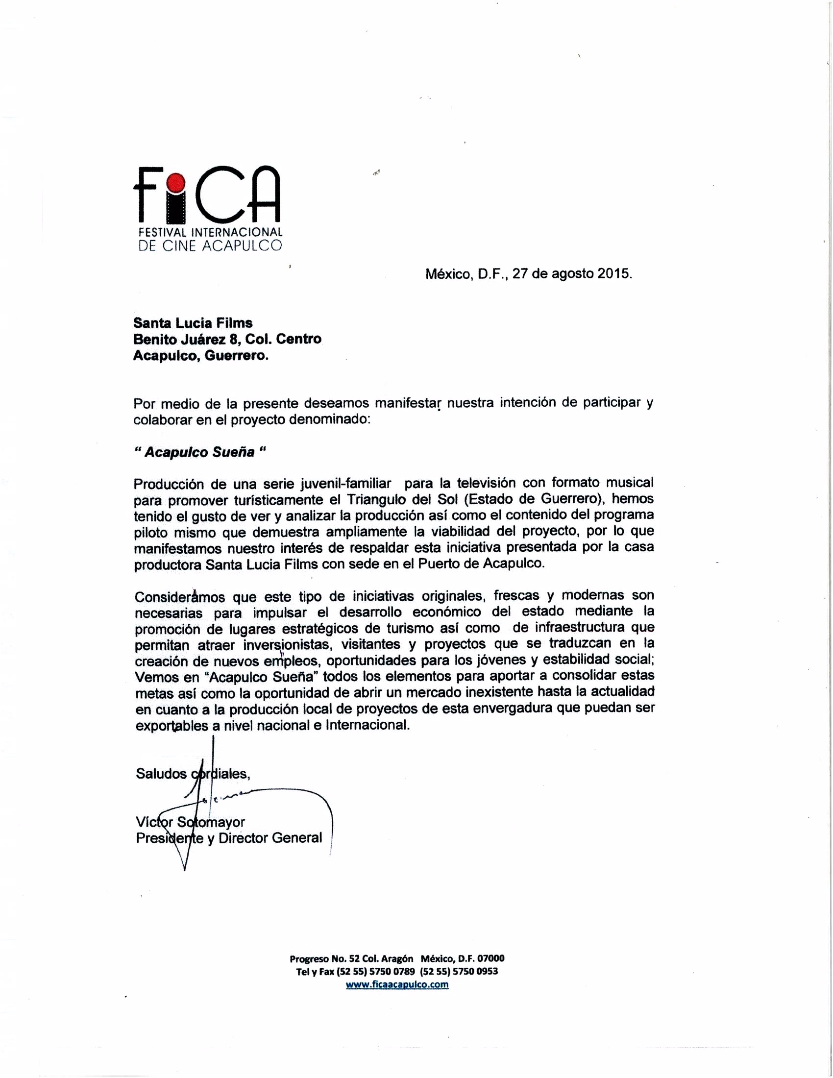 FICA の書簡。ビクトル・ソトマヨールの署名。メキシコシティ、2015年8月27日。